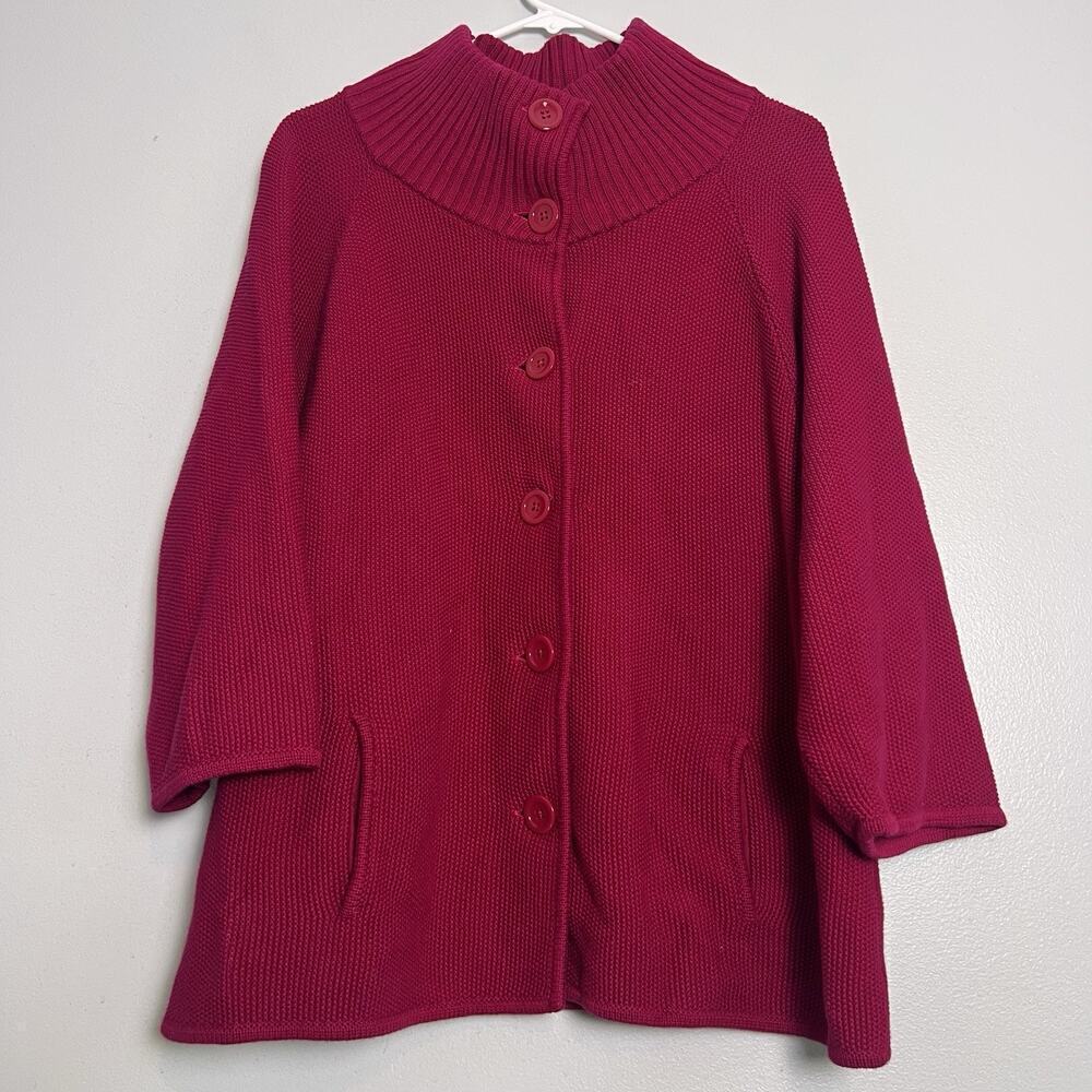 Talbots Womens Cable Knit Button Up Cardigan Sz XL Pink Mock Neck Cotton